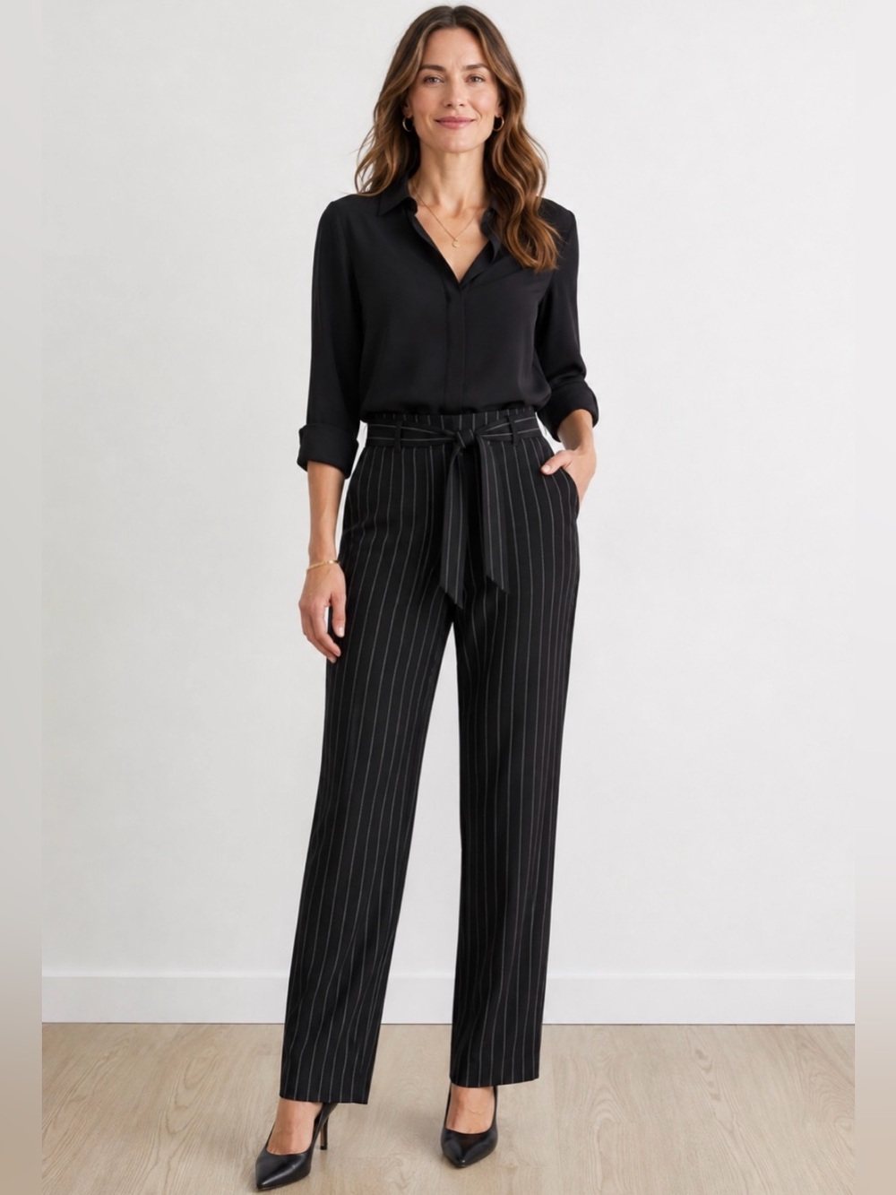 LOFT Marisa Trouser Women’s Size 14 Black White Pinstripe Tie Waist Pants